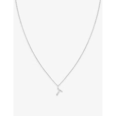 Astrid & Miyu Initial T Rhodium-plated Recycled Sterling-silver And Cubic Zirconia Pendant Necklace