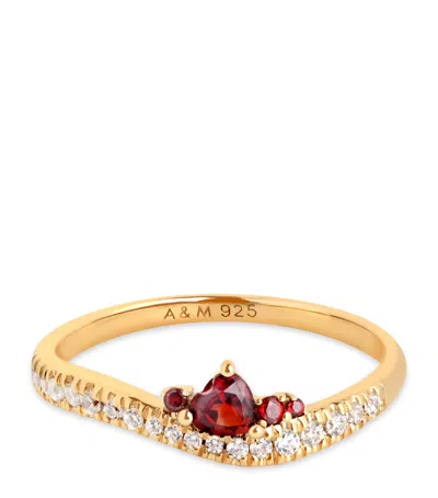 ASTRID & MIYU GOLD-PLATED STERLING SILVER, GARNET AND CUBIC ZIRCONIA SERPENT WAVE RING