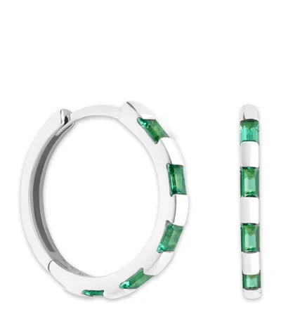 Astrid & Miyu White Gold And Emerald Baguette Hoop Earrings In Silver