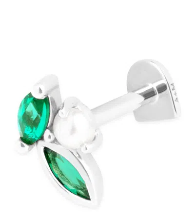 Astrid & Miyu White Gold And Emerald Single Stud Earring In Silver