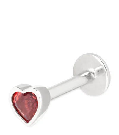 Astrid & Miyu White Gold And Garnet Pink Heart Single Stud Earring In Silver
