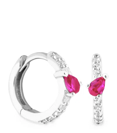 Astrid & Miyu White Gold And Pink Sapphire Marquise Huggie Hoop Earrings In Silver
