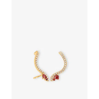 Astrid & Miyu Womens Serpent Climber 18ct Yellow Gold-plated Sterling-silver, Garnet And Cubic-zirconia Stud Earri