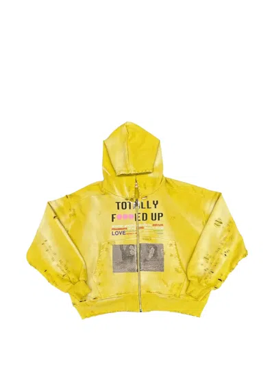 Astrum Distressed Graphic-print Hoodie In Yellow