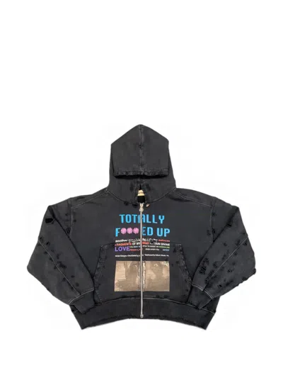 Astrum Tfu Zip-up Distressed-detailing Graphic-print Hoodie In Black