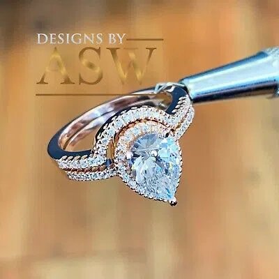 Pre-owned Asw 14k Rose Gold Pear Forever Moissanite Diamond Engagement Ring And Band 2.00ct In Pink