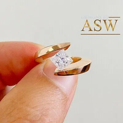 Pre-owned Asw 14k Solid Rose Gold Princess Cut Diamond Engagement Ring Tension Bridal 1.00ct In White