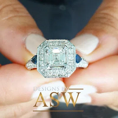 Pre-owned Asw 14k Solid White Gold Asscher Cut Simulated Diamond Engagement Ring Halo 2.00ct