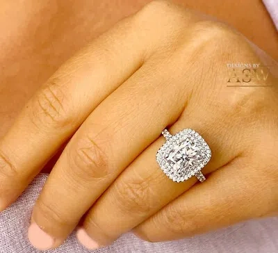 Pre-owned Asw 14k Solid White Gold Cushion And Round Cut Simulated Engagement Ring Halo 4.00ct