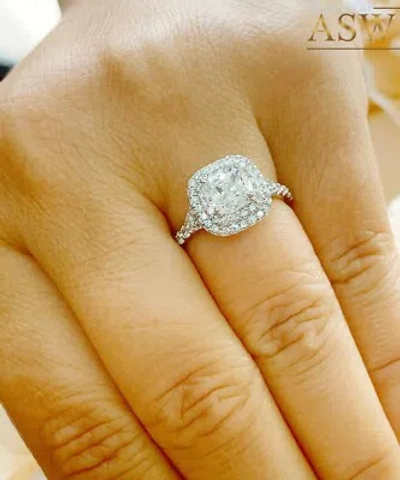 Pre-owned Asw 14k Solid White Gold Cushion Cut Simulated Diamond Engagement Ring 2.00ctw