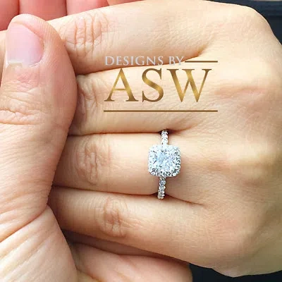 Pre-owned Asw 14k Solid White Gold Cushion Cut Simulated Diamond Engagement Ring Halo 1.80ct