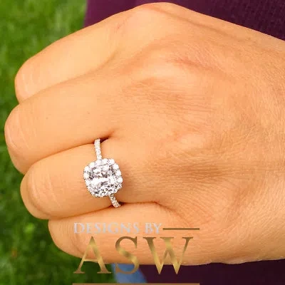 Pre-owned Asw 14k Solid White Gold Cushion Cut Simulated Diamond Engagement Ring Halo 2.30ct