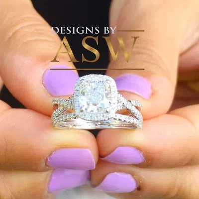 Pre-owned Asw 14k Solid White Gold Cushion Simulated Diamond Engagement Ring And Band 2.50ct