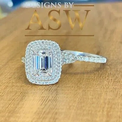 Pre-owned Asw 14k Solid White Gold Emerald Simulated Diamond Engagement Ring And Band 3.00ct