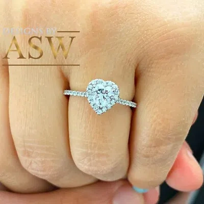 Pre-owned Asw 14k Solid White Gold Heart And Round Simulated Diamond Engagement Ring 1.50ct