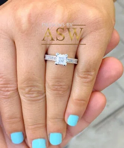 Pre-owned Asw 14k Solid White Gold Princess Cut Simulated Diamond Engagement Ring Prong 1.90ct