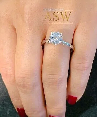 Pre-owned Asw 14k Solid White Gold Round Cut Moissanite Engagement Ring Solitaire Prong 1.00ct