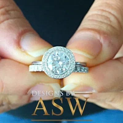 Pre-owned Asw 14k Solid White Gold Round Cut Simulated Diamond Engagement Ring And Band 1.80ct