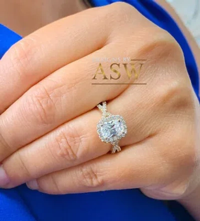 Pre-owned Asw 14k Solid Yellow Gold Cushion And Round Simulated Diamond Engagement Ring 2.25ct