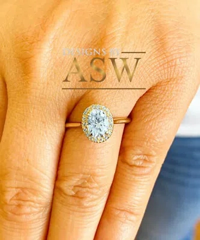 Pre-owned Asw 14k Solid Yellow Gold Oval Moissanite And Natural Diamond Engagement Ring 1.20ct