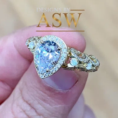 Pre-owned Asw 14k Solid Yellow Gold Pear Cut Simulated Diamond Engagement Ring Halo 2.70ct In White