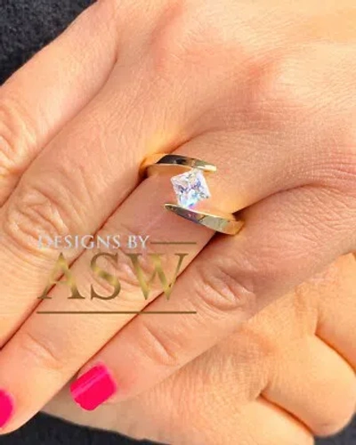 Pre-owned Asw 14k Solid Yellow Gold Princess Simulated Diamond Engagement Ring Tension 1.00ct In White
