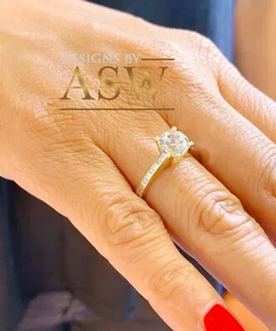 Pre-owned Asw 14k Solid Yellow Gold Round Cut Simulated Diamond Engagement Ring Prong 1.10ctw