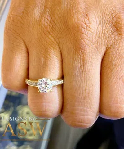 Pre-owned Asw 14k Solid Yellow Gold Round Cut Simulated Diamond Engagement Ring Prong 1.40ctw