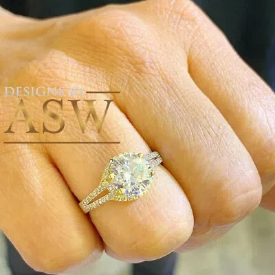 Pre-owned Asw 14k Solid Yellow Gold Round Cut Simulated Diamond Engagement Ring Prong 2.00ctw