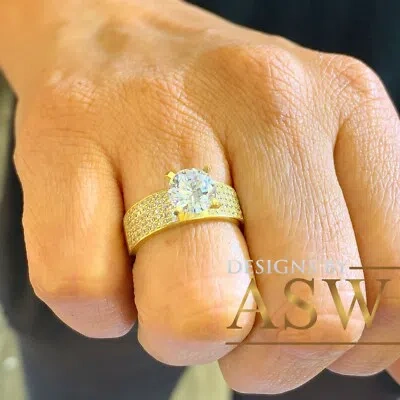 Pre-owned Asw 14k Solid Yellow Gold Round Cut Simulated Diamond Engagement Ring Prong 2.00ctw