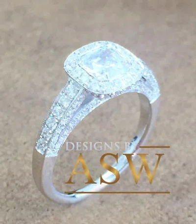 Pre-owned Asw 14k White Gold Cushion Moissanite And Natural Diamonds Engagement Ring Halo 1.70