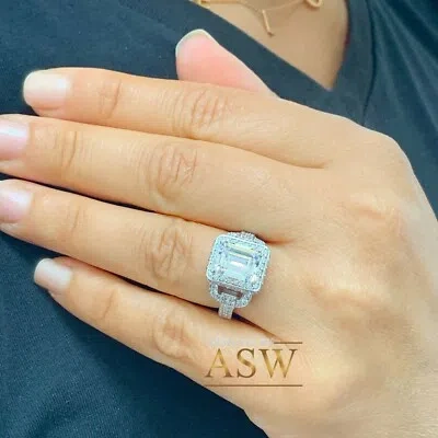 Pre-owned Asw 14k White Gold Emerald Moissanite And Natural Diamond Engagement Ring Halo 3.70