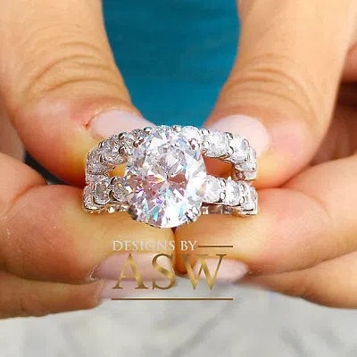 Pre-owned Asw 14k White Gold Oval Simulated Diamond Engagement Ring And Band Eternity 7.50ct
