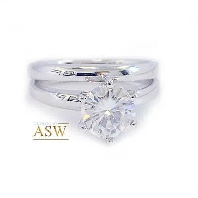 Pre-owned Asw 14k White Gold Round Moissanite Engagement Ring And Band Set Solitaire 1.20ct
