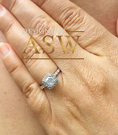 Pre-owned Asw 14k White Solid Gold Cushion Cut Moissanite Diamond Engagement Halo Ring 1.80ctw