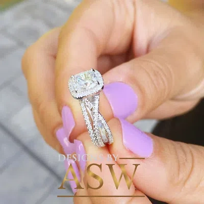 Pre-owned Asw 14k White Solid Gold Cushion Moissanite And Round Diamond Engagement Rings 2.70