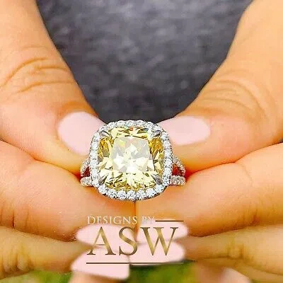 Pre-owned Asw 4.70 Carats 14k Solid White Gold Cushion Simulated Diamond Engagement Ring Halo In Yellow