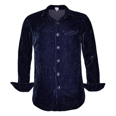 At Last... Blue Silk Velvet Men's Shirt In Navy