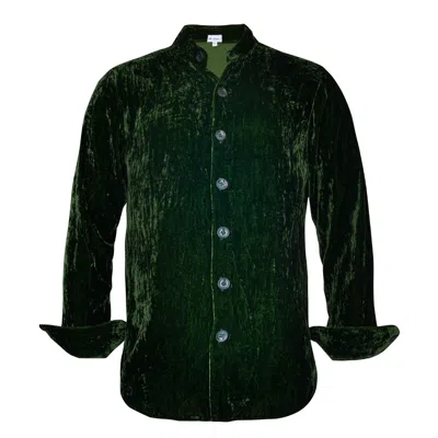 At Last... Silk Velvet Men's Shirt In Forest Green With Mandarin Collar