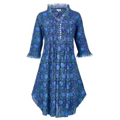 At Last... Women's Annabel Cotton Tunic In Royal Blue With Blue & Green Flower