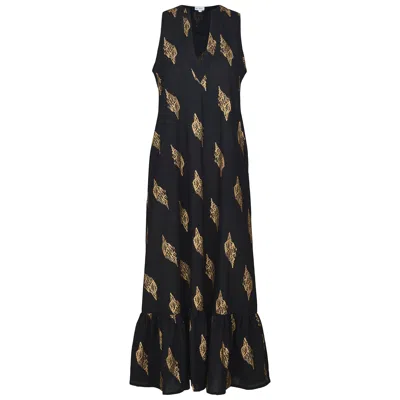 At Last... Women's Black / Gold Cotton Lombock Midi Dress In Midnight & Gold Shells In Multi
