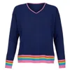 At Last... Women's Blue Cashmere Mix Sweater In Navy With Rainbow Stripe Hem & Cuffs In Blue