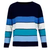 At Last... Women's Blue Cashmere Mix Sweater In Navy With Solid Stripes In Blue