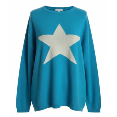 At Last... Women's Blue Cashmere Mix Sweater In Turquoise With Lemon Star