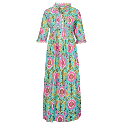 At Last... Women's Blue Cotton Annabel Maxi Dress In Turquoise Multi Ikat