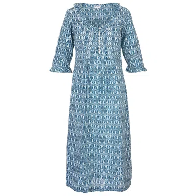 At Last... Women's Blue Cotton Karen 3/4 Sleeve Day Dress In Fresh Navy & White