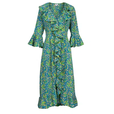 At Last... Women's Blue Felicity Midi Dress Turquoise & Lime