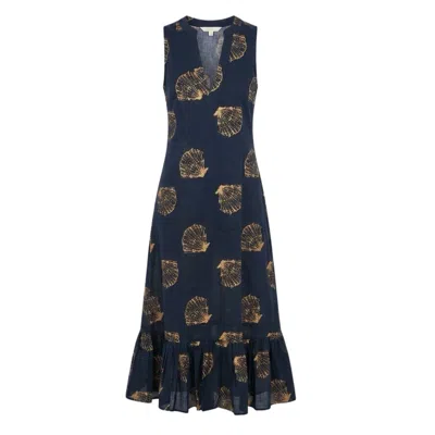 At Last... Women's Blue / Gold Cotton Lombock Midi Dress In French Navy