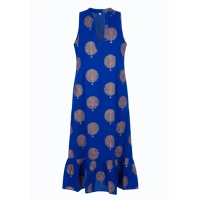 At Last... Women's Blue / Gold Cotton Lombock Midi Dress In Marrakesh Blue & Gold