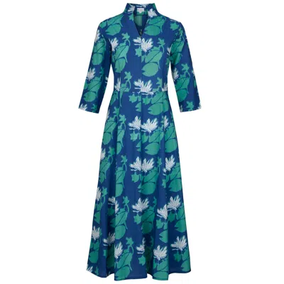 At Last... Women's Blue / Green Cotton Chelsea Midi Dress In Lily Pad In Blue/green